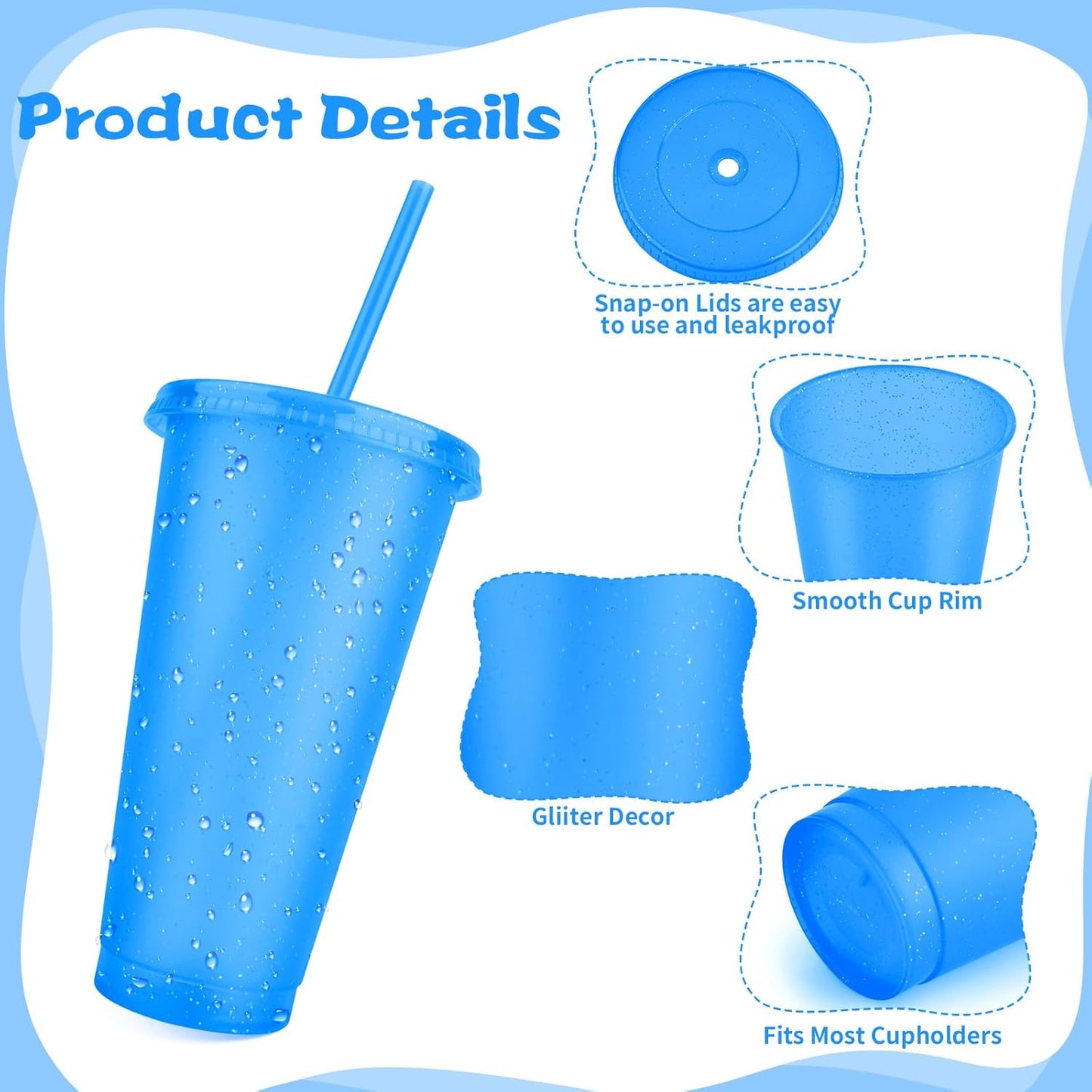 Hxezoc 16-Piece Reusable Cups with Lids and Straws, 24 oz Glitter Plastic Tumbler Iced Coffee Cups Travel Mug Cup for Smoothie Juices Beach or Bachelor Party (Black)