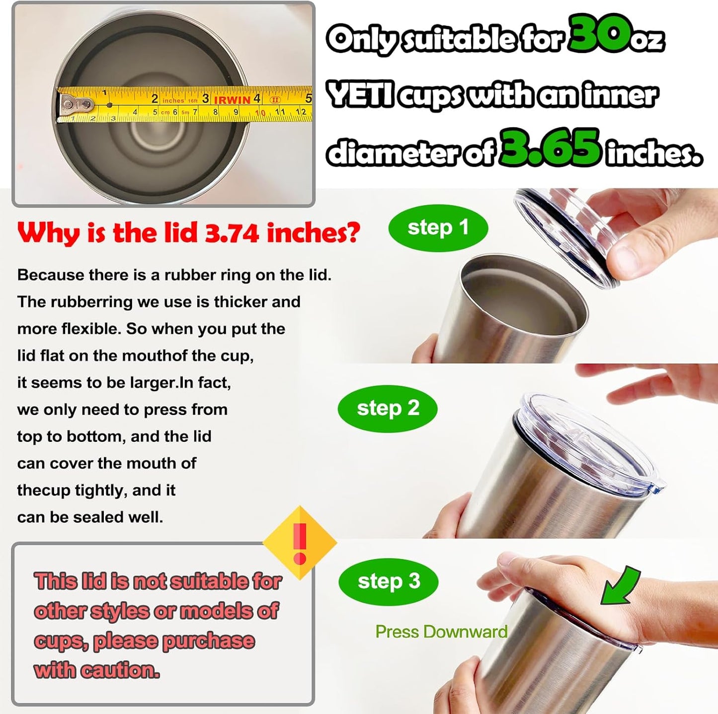 2 Replacement Lids for Stainless Steel Tumbler Travel Cup - Fits OF Inner diameter 3.7 to 3.74 INCH Yeti Rambler and others (Transparent) (30 OZ)