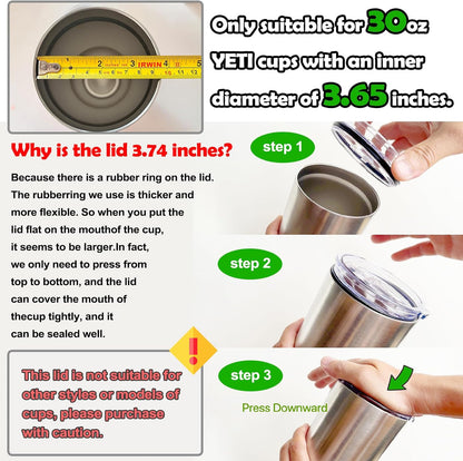 2 Replacement Lids for Stainless Steel Tumbler Travel Cup - Fits OF Inner diameter 3.7 to 3.74 INCH Yeti Rambler and others (Transparent) (30 OZ)