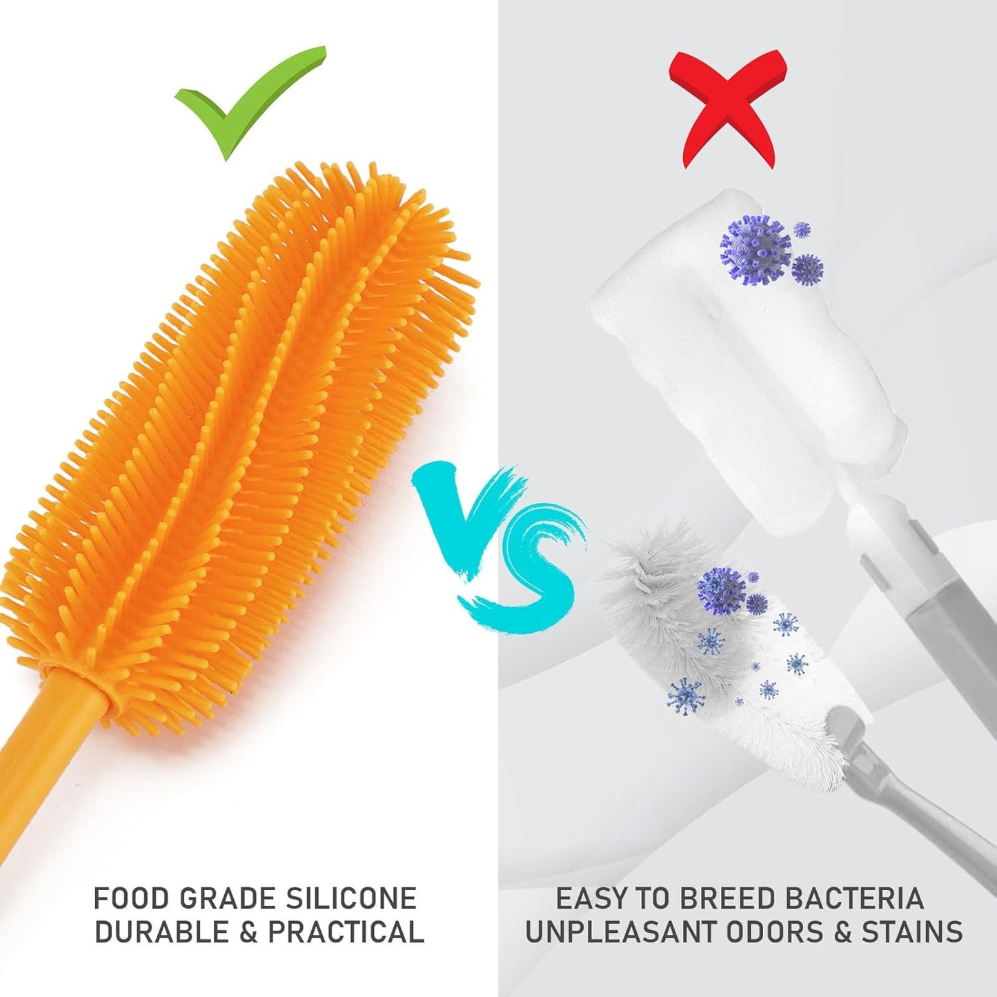 Silicone Bottle Cleaning Brush with Long Handle, 12.5" Water Bottle Cleaner for Baby Bottles, Hydro Flask, Sports Bottle, Vase, Glassware, Perfect for Smaller Diameter Bottle Openings (One Pack)