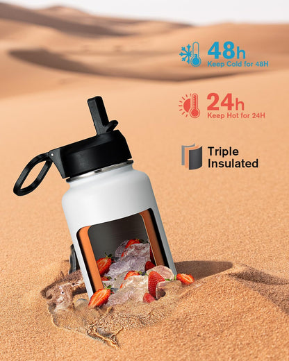 Half Gallon Water Bottle Insulated with Straw & 3 Lids, Coolflask 64 oz Water Jug Large Metal Stainless Steel Wide Mouth for Sports, Gym or Office, Non-BPA Keep Cold 48H Hot 24H, Samurai Cyan