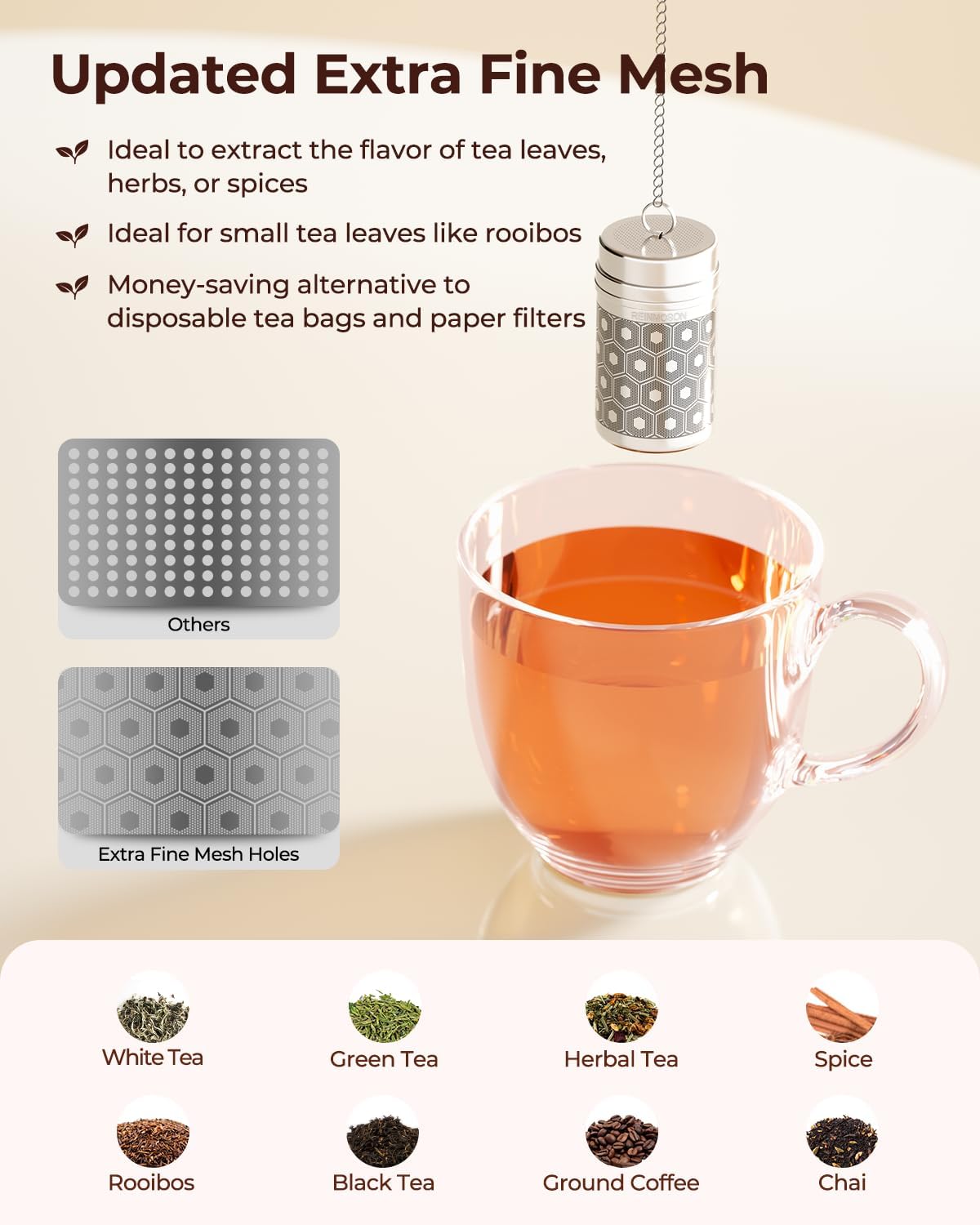 Reinmoson Tea Strainers for Loose Tea, Extra Fine Mesh Tea Infuser, 304 Stainless Steel & Updated Slim Threaded Lid, Loose Leaf Tea Steeper for Black Tea, Rooibos, etc