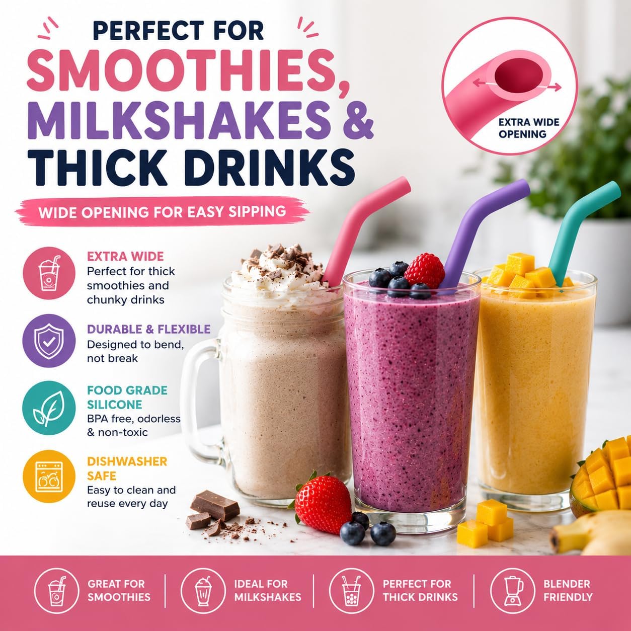 Reusable Silicone Straws for Tumblers, Smoothies & Kids Drinks – 15 Pack Flexible BPA-Free Drinking Straws with 2 Cleaning Brushes – Soft on Teeth & Lips – Fits 20oz & 30oz Tumblers