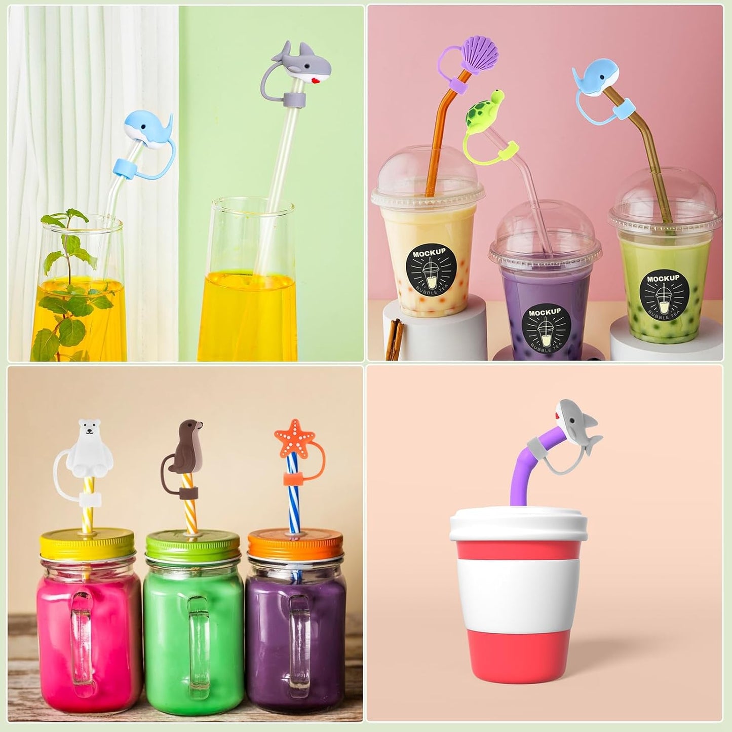 8 Pcs Animal Straw Cover Cap, Silicone Straw Topper for Stanley 30&40 Oz Tumbler Cute Straws Cap in Various Shapes, Straws Covers for 0.4 Inch/10 mm Tips Gifts for Women Girls Teens
