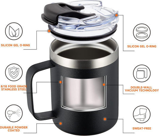 12oz Insulated Coffee Mug Cup with Handle, Stainless Steel Travel Coffee Mug with Flip Lid, Double Wall Vacuum Coffee Tumbler, Navy
