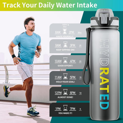 QLUR Water Bottle with Straw, 32oz Motivational Water Bottles with Time Marker to Drink, Tritan BPA Free, 1L Sports Water Bottle with Carry Strap LeakProof for Women Gym Fitness Outdoor (1 Pack)