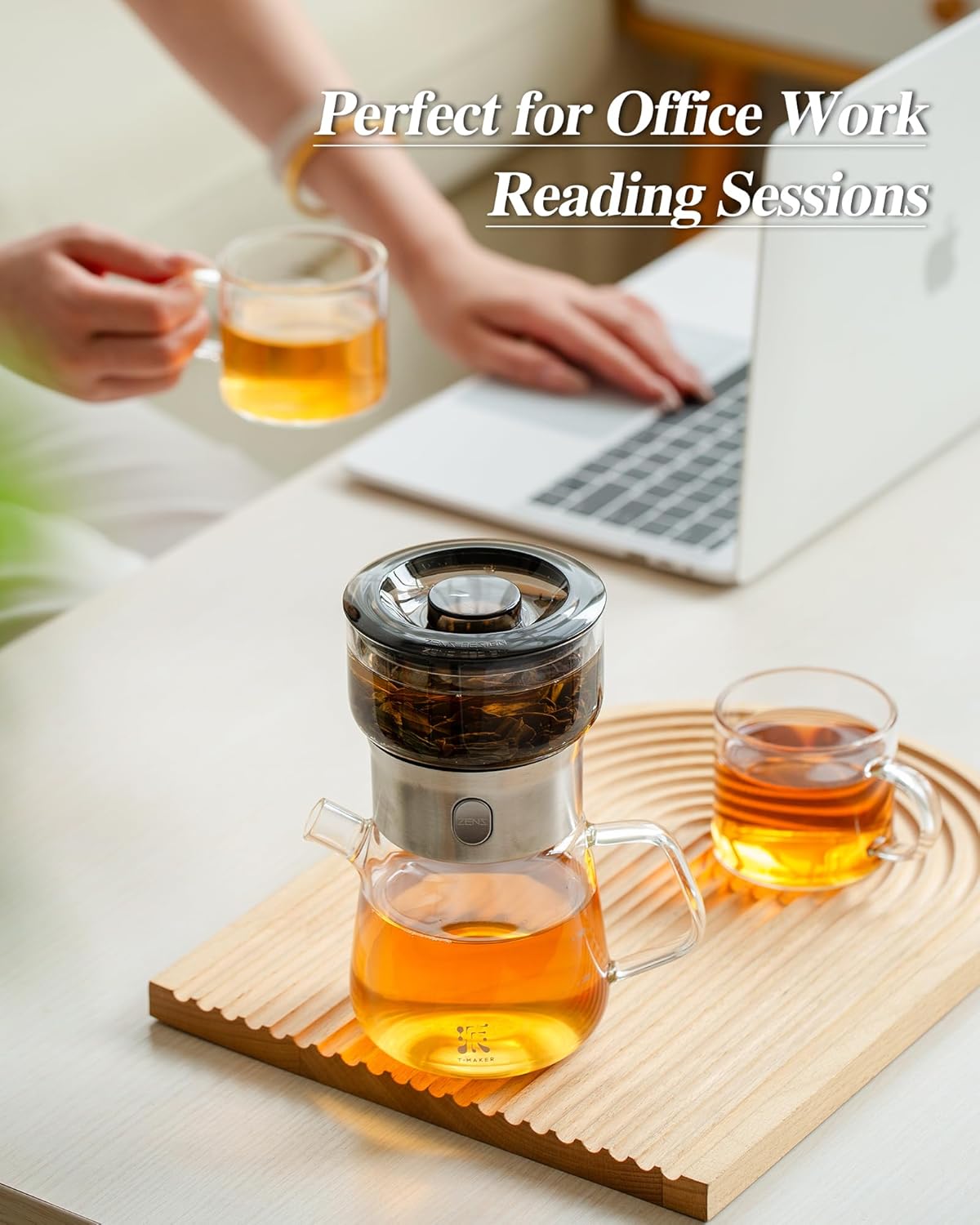 ZENS Modern Glass Infuser Teapot, One Touch Tea Maker for Loose Leaf Tea with Insulated Mug and Portable Case. Enchanted Pot Alternatives for Tea Lover Gifts