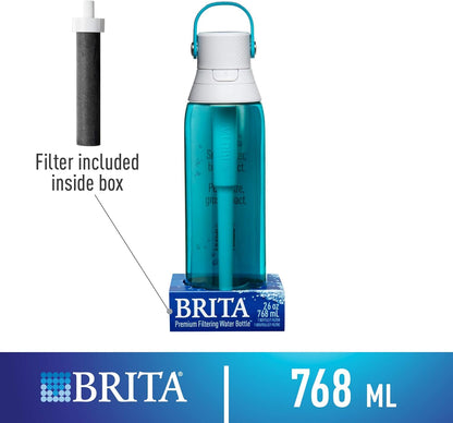 Brita Hard-Sided Plastic Premium Filtering Water Bottle, BPA-Free, Reusable, Replaces 300 Plastic Water Bottles, Filter Lasts 2 Months or 40 Gallons, Includes 1 Filter, Sea Glass - 26 oz.