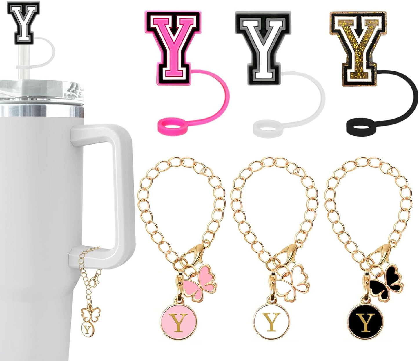 （3 +3) 3PCS Nuozme Straw Cover 10mm For Stanley Tumbler Cup Reusable Straw Cap Topper with 3 Initial Letter Charms Accessories Name ID Personalized Handle Charm For Stanley 30&40 Oz Cup Tumbler - Colors B