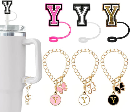 （3 +3) 3PCS Nuozme Straw Cover 10mm For Stanley Tumbler Cup Reusable Straw Cap Topper with 3 Initial Letter Charms Accessories Name ID Personalized Handle Charm For Stanley 30&40 Oz Cup Tumbler - Colors B