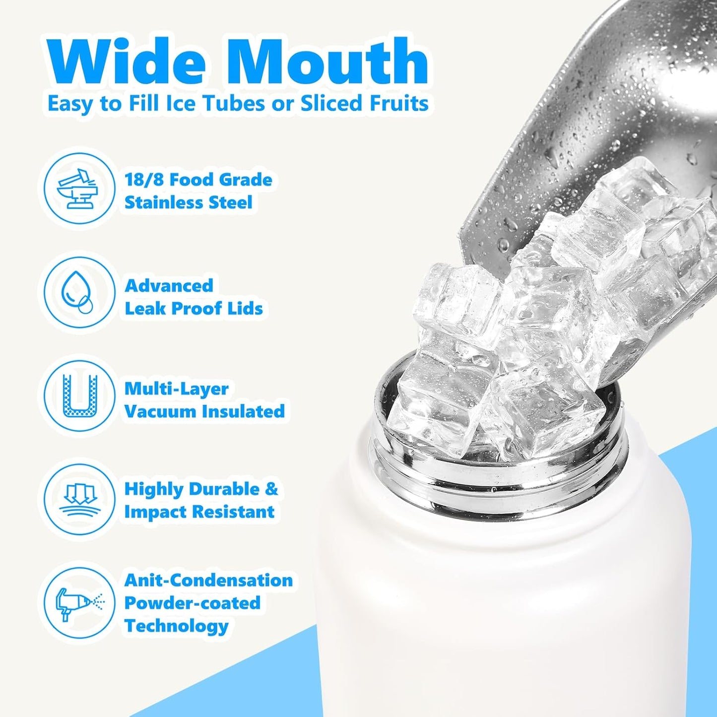 Insulated Water Bottle with Lid & Boot & Stickers, 24 oz Stainless Steel Sweat Free Bottle Keep Cold 24H, BPA-Free Sports Wide Mouth Water Bottle, BlueBlack