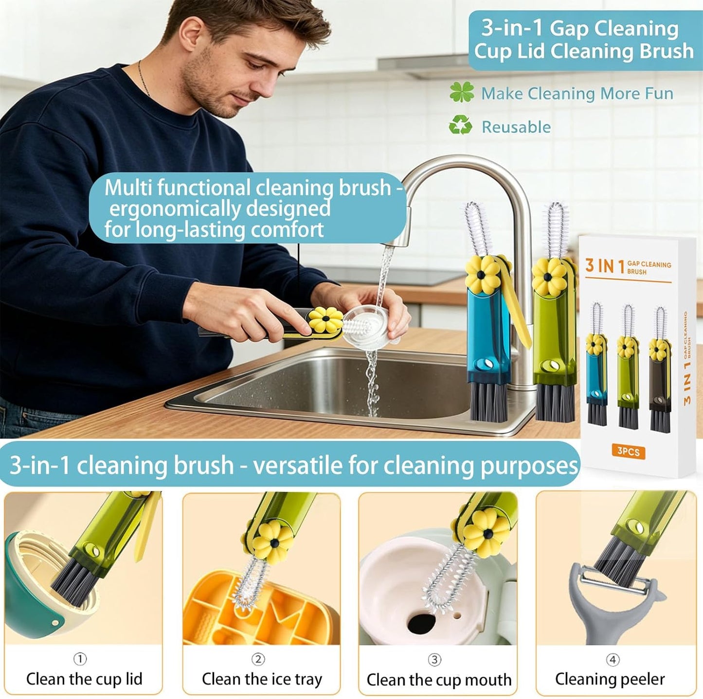 4 in 1 Cup Lid Cleaning Brush - Multifunctional Water Bottle Crevice Cleaning Brush, Portable Cup Lid Brush, Home Kitchen Crevice Brush Tools for Tiny Cup Lid Detail, Bottle Tight Spaces Cup (3 PCS)