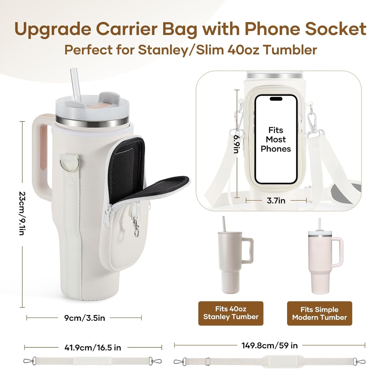 linmaya Water Bottle Carrier Bag for Stanley Cup 40/30oz with Phone Holder Pockets,Neoprene Water Bottle Cross-body Bag with Adjustable Shoulder & Hand Strap Stanley Cup Accessories