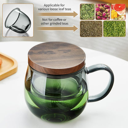DOPUDO Glass Tea Cup with Infuser and Lid, 17.6oz/520ml Large Borosilicate Teacup,Tea Glass, Clear Mug for Loose Leaf Tea, Blooming Tea, Microwave & Dishwasher Safe - Tea Maker Gift for Birthday.