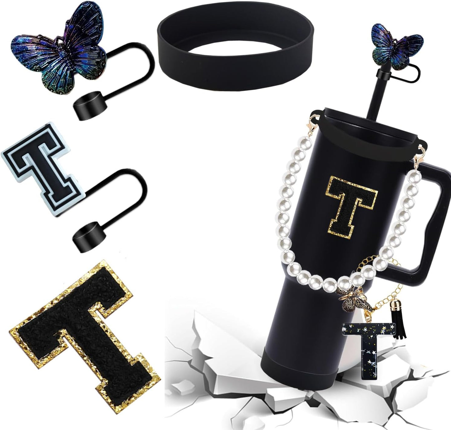 7pcs Cup Accessories for Stanley 30/40oz Tumbler, Handle Strap, Straw Cover, Silicone Boot, Letter Charm Stickers