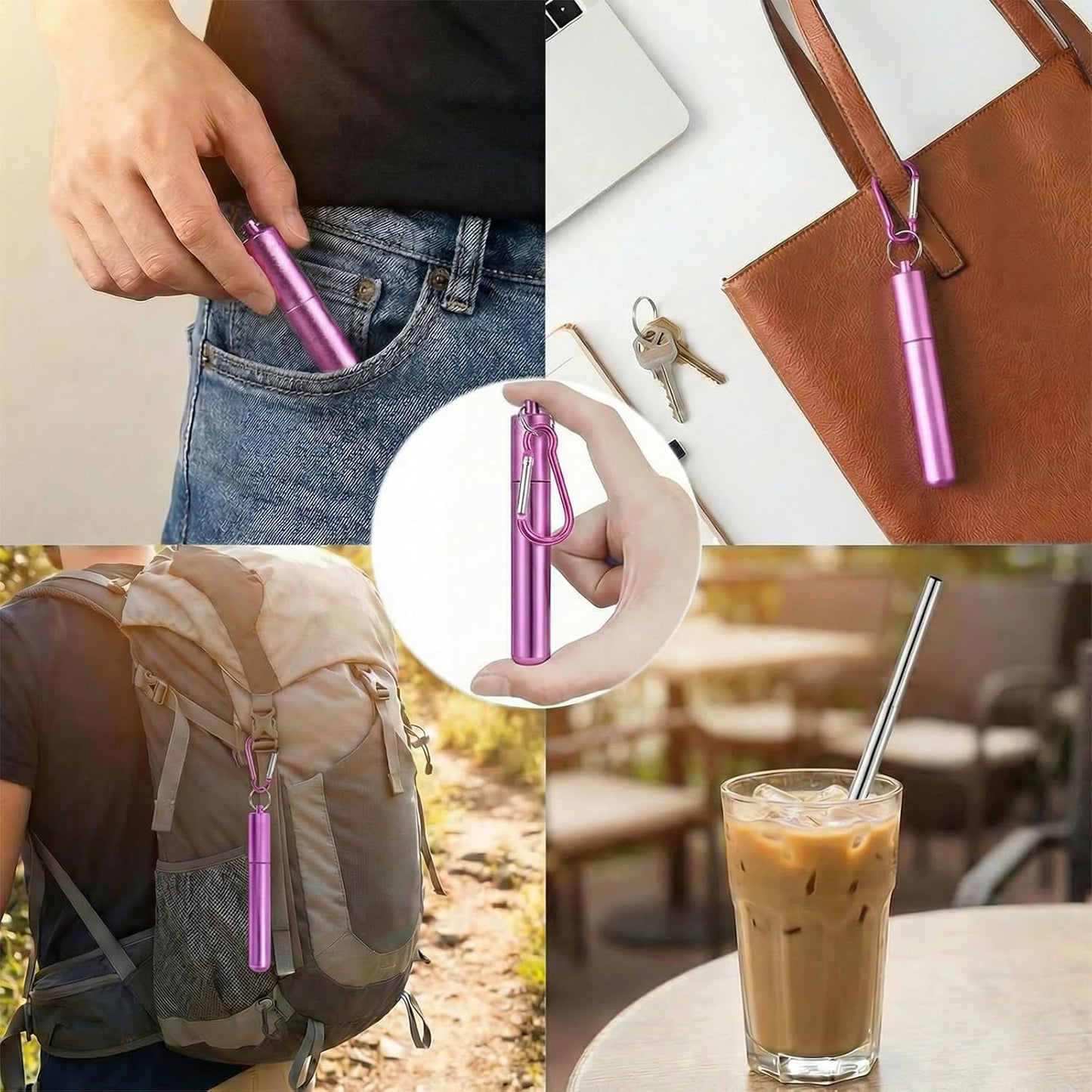 Collapsible Stainless Steel Drinking Straws with Aluminum Case, Cleaning Brush, and Keychains（Black+Silver）
