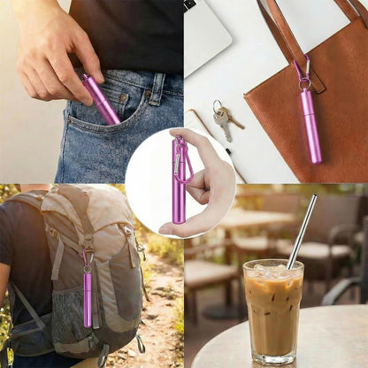 Collapsible Stainless Steel Drinking Straws with Aluminum Case, Cleaning Brush, and Keychains（Black+Silver）