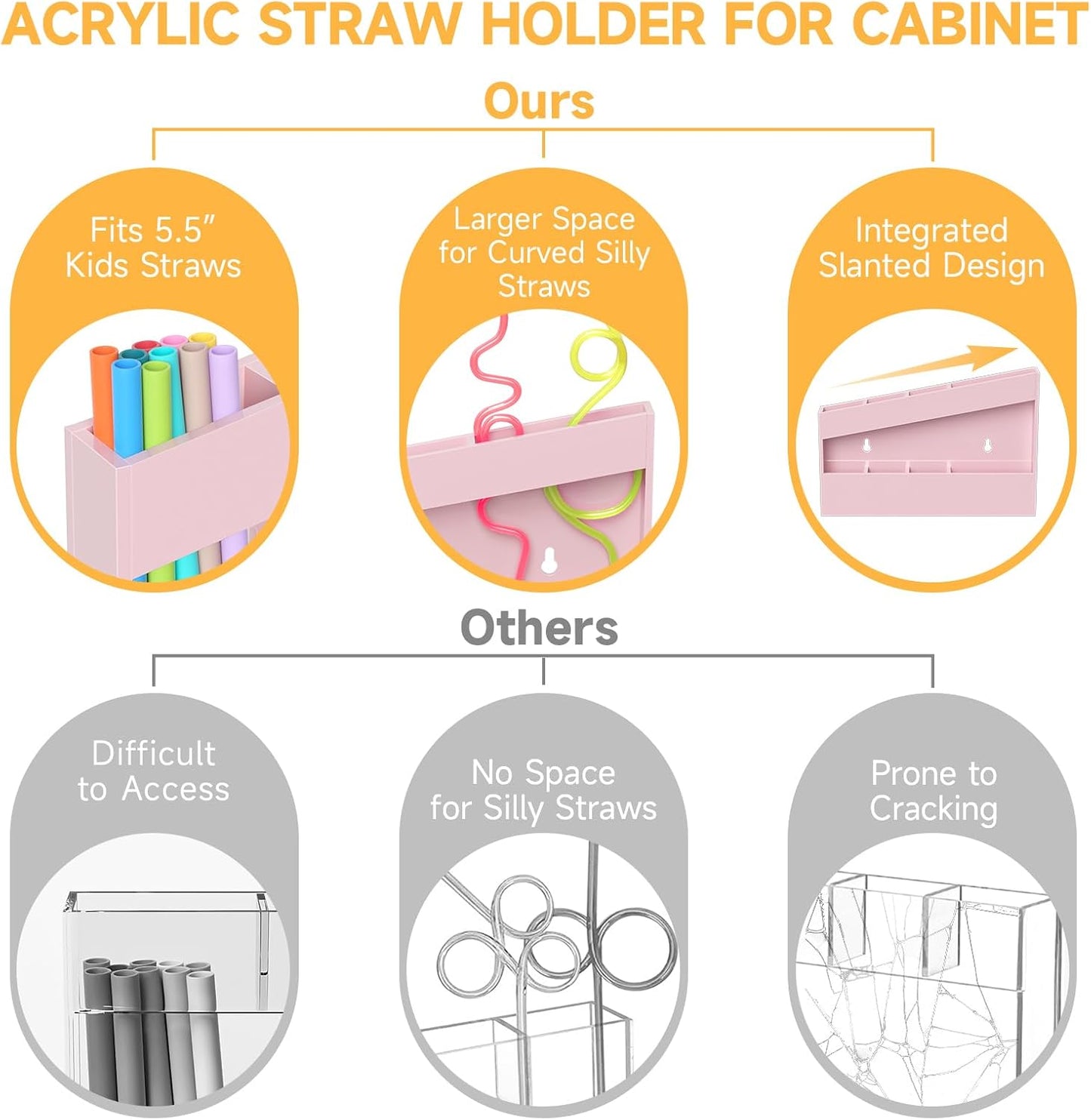 Acrylic Straw Holder for Cabinet - 9.5 Inch Clear Reusable Straw Organizer Dispenser with Ultra Sticky Adhesive Tapes, Slanted Kitchen Accessories Container Cupboard Door Mounted