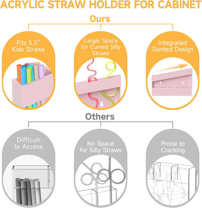 Acrylic Straw Holder for Cabinet - 9.5 Inch Clear Reusable Straw Organizer Dispenser with Ultra Sticky Adhesive Tapes, Slanted Kitchen Accessories Container Cupboard Door Mounted