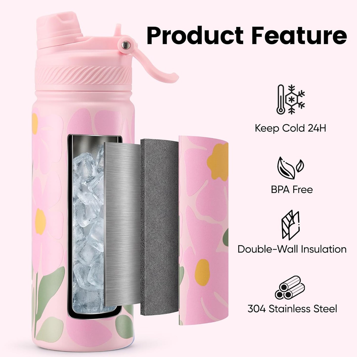 Fijinhom 18 oz Insulated Water Bottle, 2-in-1 Straw and Spout Lid Stainless Steel Thermos, Leak-Proof, Double Wall Vacuum Flask, Keep Cold 24H for Outdoor, Sports, Travel, School (Black)