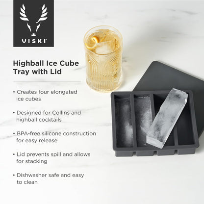 Viski Highball Ice Cube Tray with Lid, Silicone Mold for Easy Release, Makes 4 Elongated Ice Cubes for Highball Cocktails, Vodka Soda, Rum Punch, Bar Cart, Home Bar, Man Cave Gifts, Set of 1, Gray