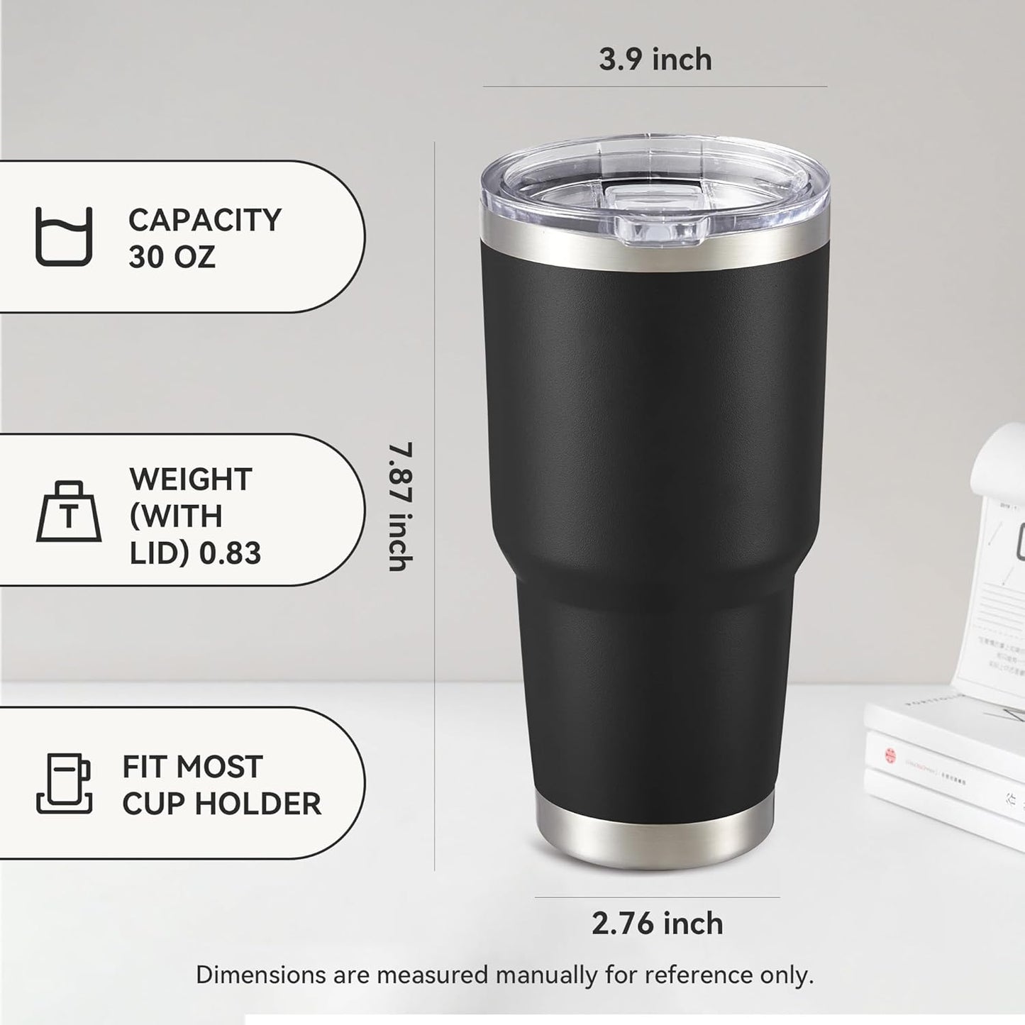 30 oz Tumbler with Lid Stainless Steel Tumblers Vacuum Insulated Cup Reusable Powder Coated Travel Mug Double Wall Leak Proof Portable Cups Keep Cold Drinks for 12 Hours, Stainless, 1 Pack