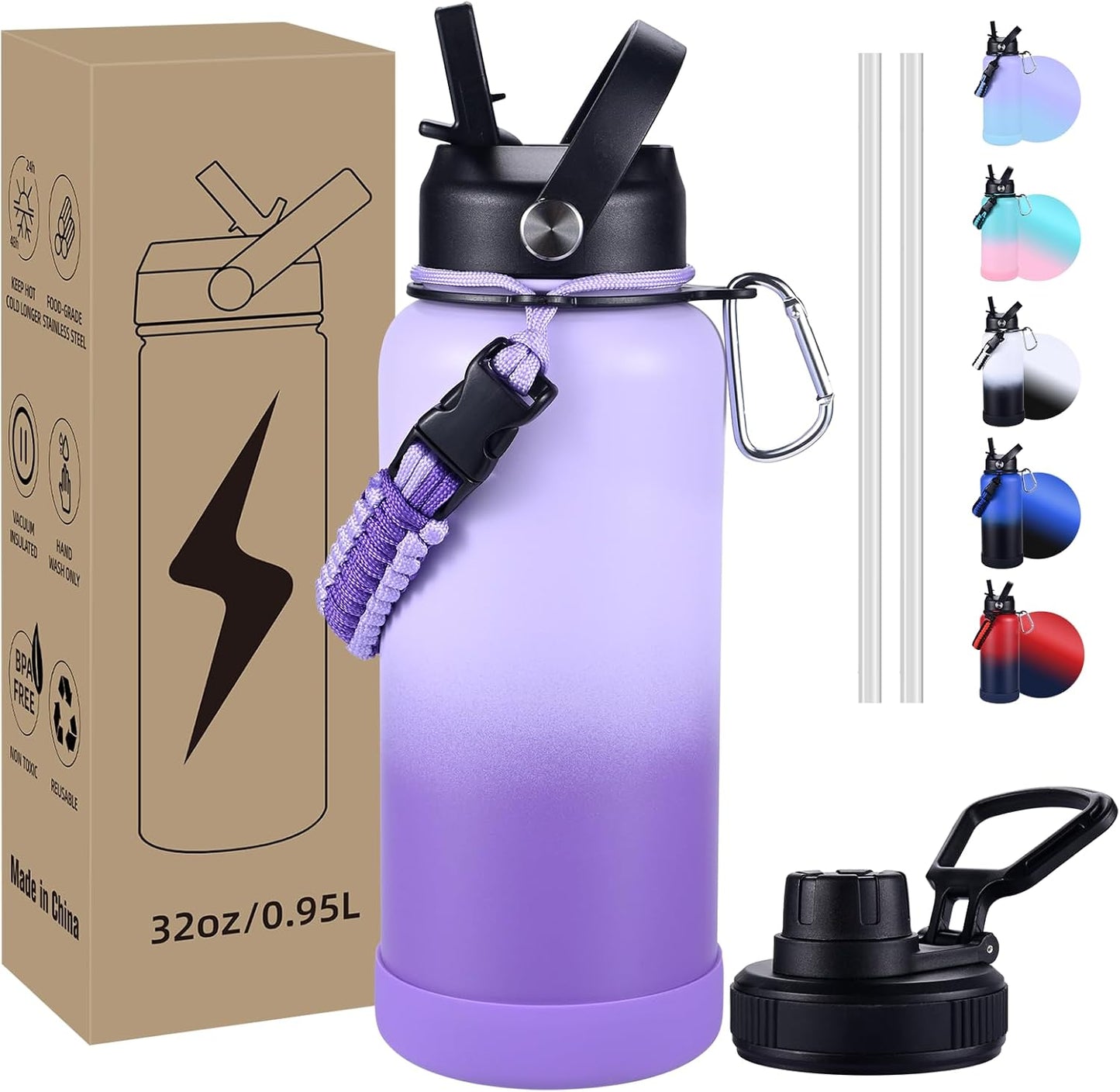 Insulated Water Bottle, 32 oz Stainless Steel Wide Mouth Water Bottles with 2 Leak Proof Lid and Paracord Handle, Double Wall Vacuum Insulated Sports Water Bottle, Purple Black