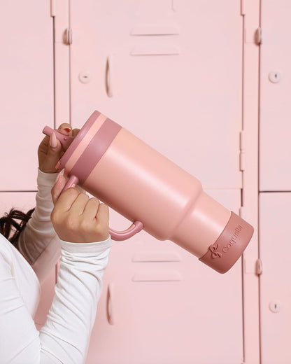 40 oz Insulated Tumbler with Handle and Push-Button Straw Lid, Stainless Steel Travel Cup for Gym Office, Leakproof, BPA-Free, Cup Holder Friendly, Bow Silicone Boot, Purple (Light Lilac)