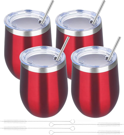 12oz/4 Pack Wine Tumbler Glasses with Lid Stemless Double Wall Vacuum Stainless Steel Travel Tumbler Keeping Cold & Hot for Wine,Coffee,Cocktails,Drinks-Family and Gifts (Multi color-dark)