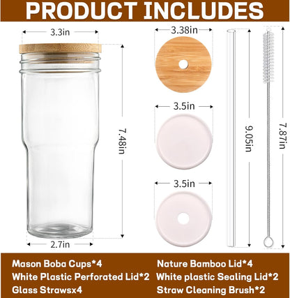 DWTS DANWEITESI Glass Cups with Lids and Straws,24 oz Smoothie Cup with Lid and Straw-Boba Mason Jar,Matcha Cup Wide Mouth Reusable Drinking Glasses,Iced Coffee Cups Glass,Vasos De Vidrio【4 Pack】