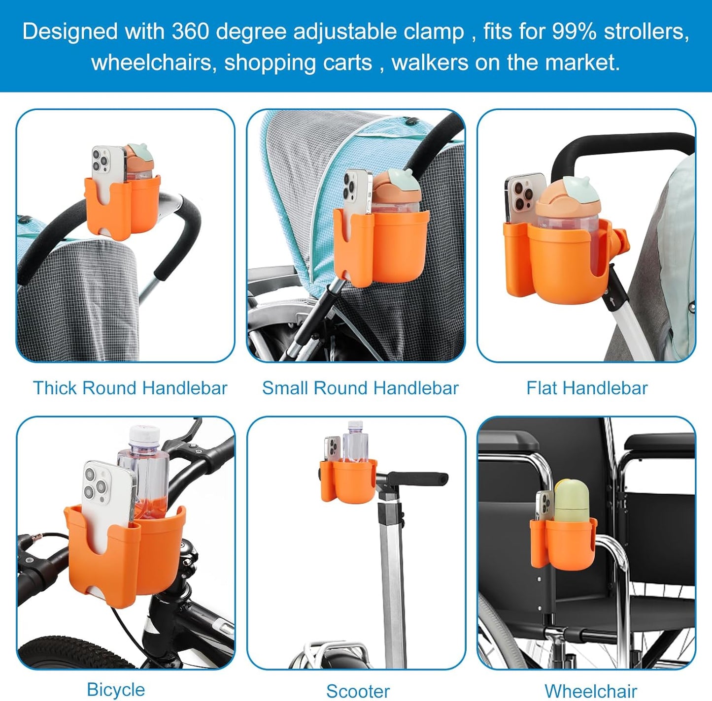 Accmor Stroller Cup Holder with Phone Holder, Bike Cup Holder, Universal Cup Holder for Uppababy Nuna Doona Strollers, 2-in-1 Cup Holder for Walker, Wheelchair, Scooter - Colors A