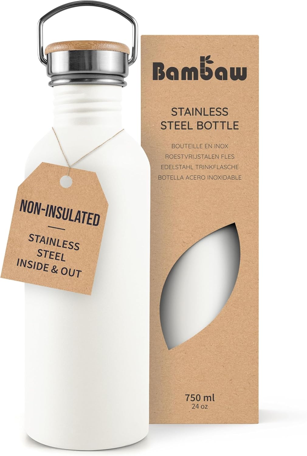 Bambaw Stainless Steel Water Bottles 32 oz, Non-insulated Single Wall Metal Water Bottle Stainless Steel, Reusable & Eco Friendly, Dishwasher Safe – Silver | Non-insulated