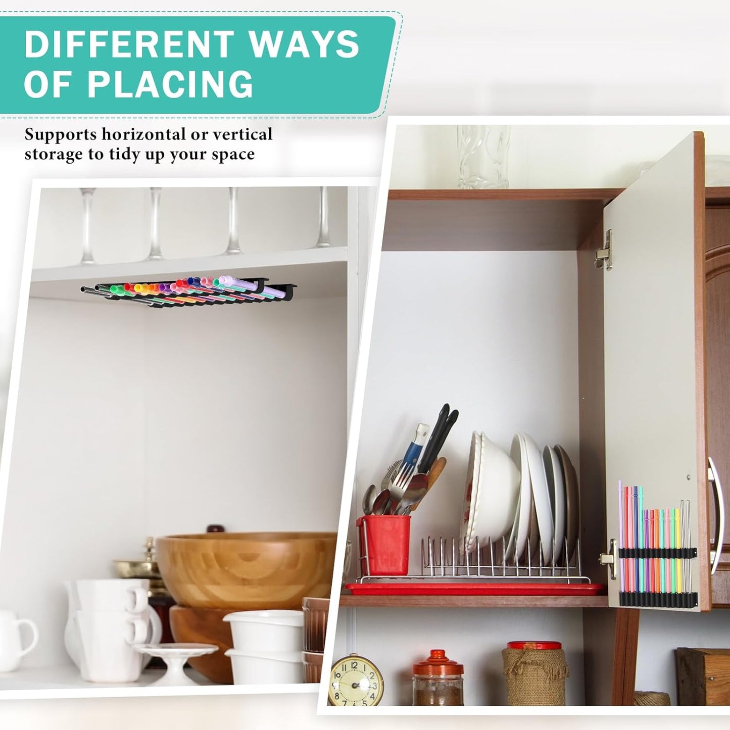 Baderke Straw Holder for Cabinet Reusable Straw Organizer with Double Sided Adhesive Tape Screws Storage Container for Kitchen Counter Cupboard(White,Classic)