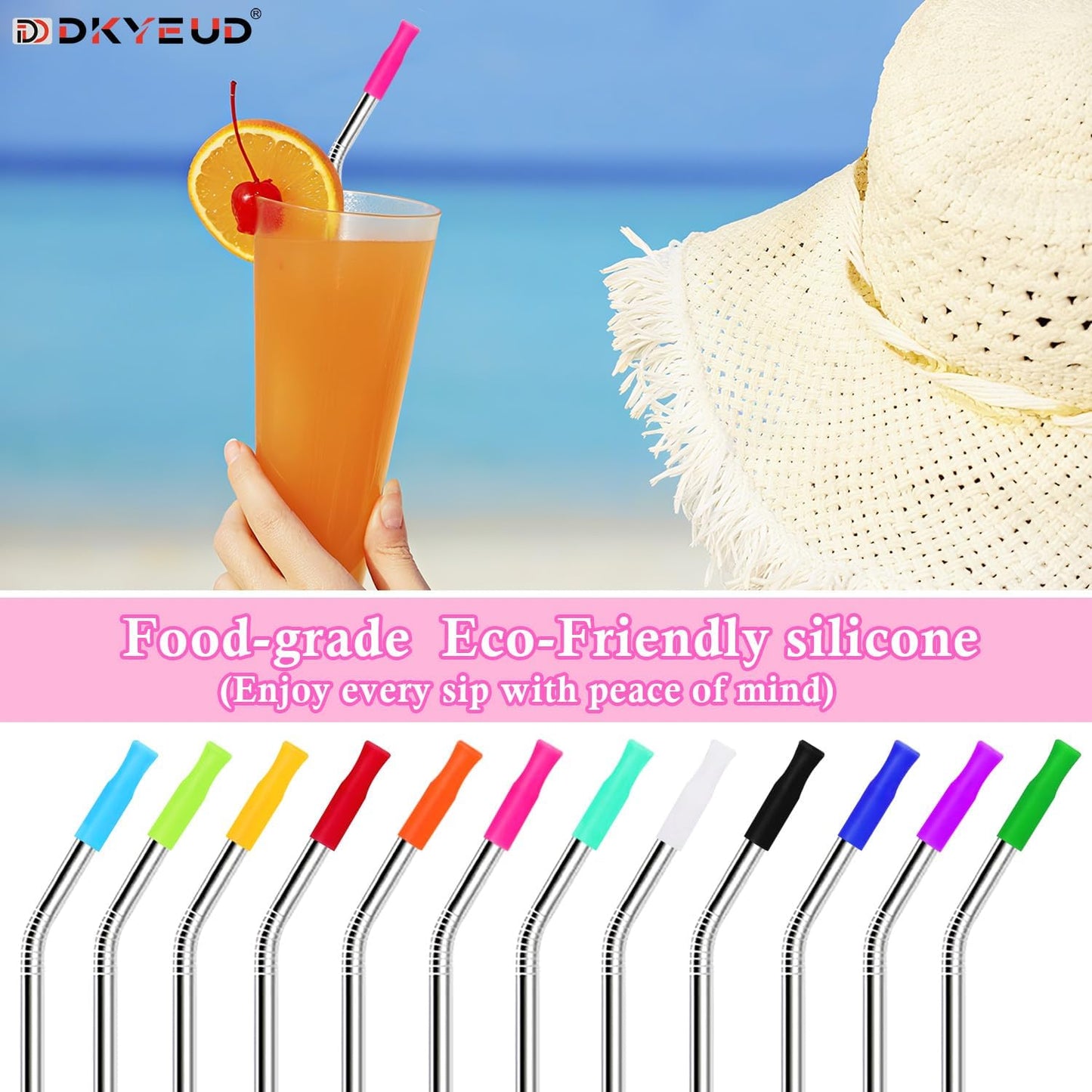 Reusable Stainless Steel Straws Set 6 PCS with 6 Silicone Tips, 2 Straw Brush, 1 Storage Case, Different Sizes of Metal Straws Reusable, Suitable for 14, 20, 30 oz Cups Tumbler, for Hot/Cold Drinks
