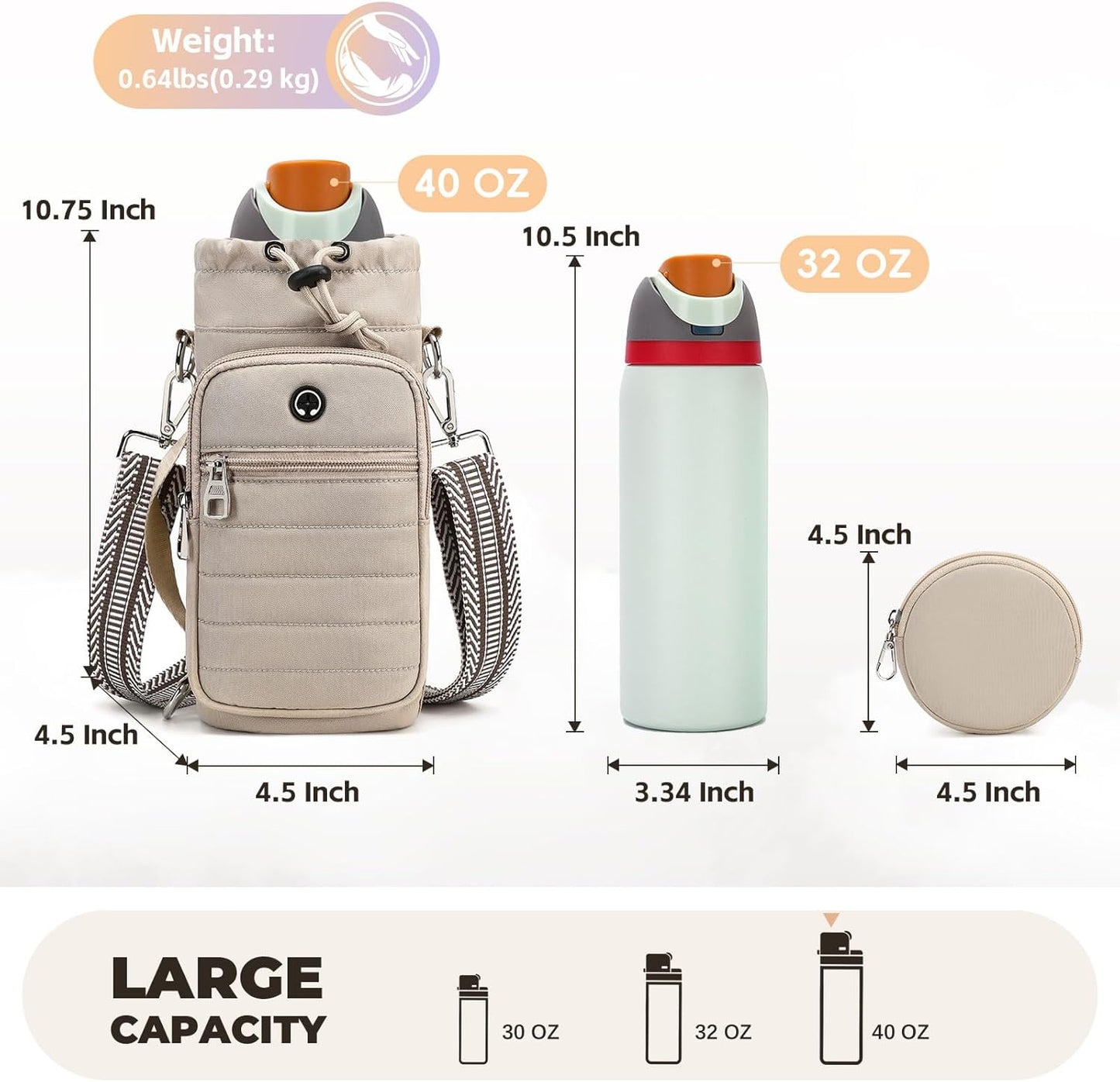 Water Bottle Carrier Bag with Strap, Sling Bag for Walking, Hiking, Cycling, Black, 40 Ounces