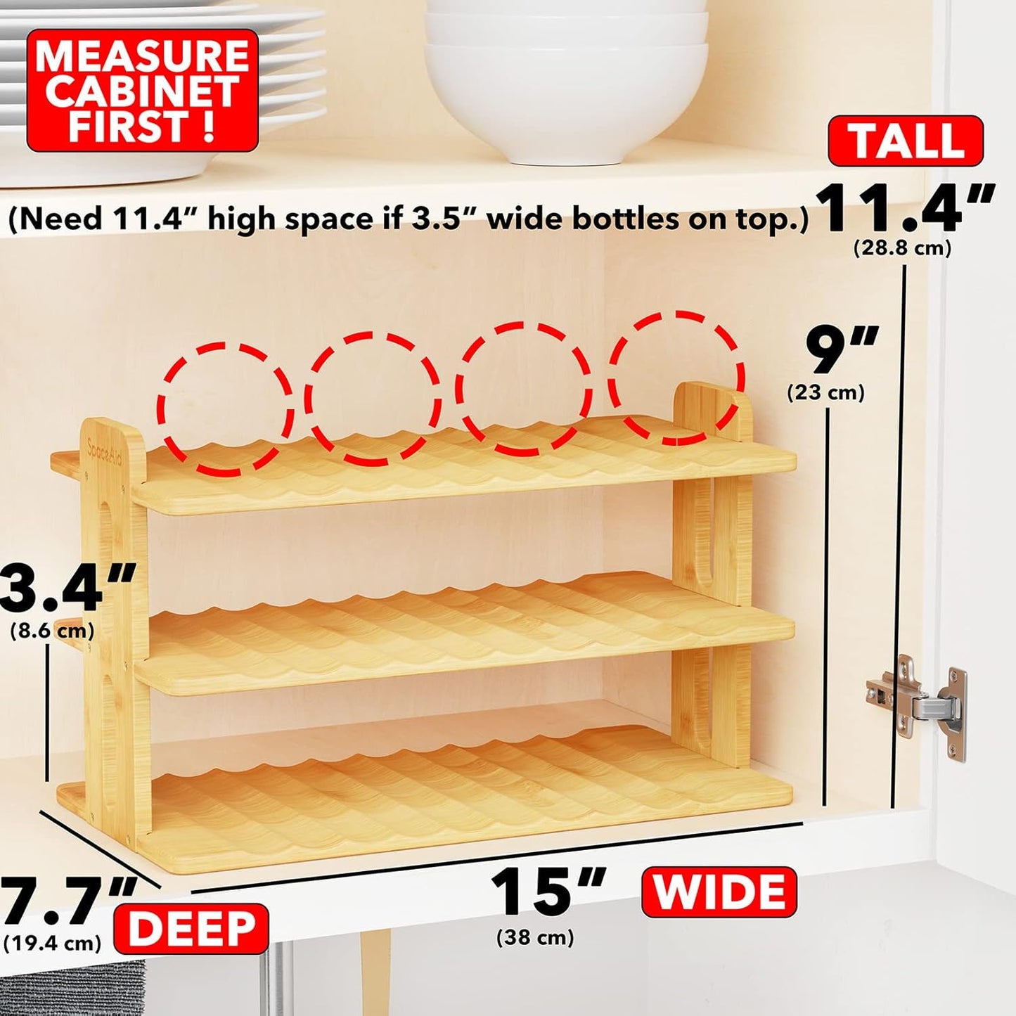 SpaceAid Bamboo Water Bottle Organizer with Labels, Kitchen Pantry Water Bottle Storage Rack for Cabinets, Home Cup and Wine Bottle Holder Shelf Organizers, (3-Tier, Hold 9 Bottles)