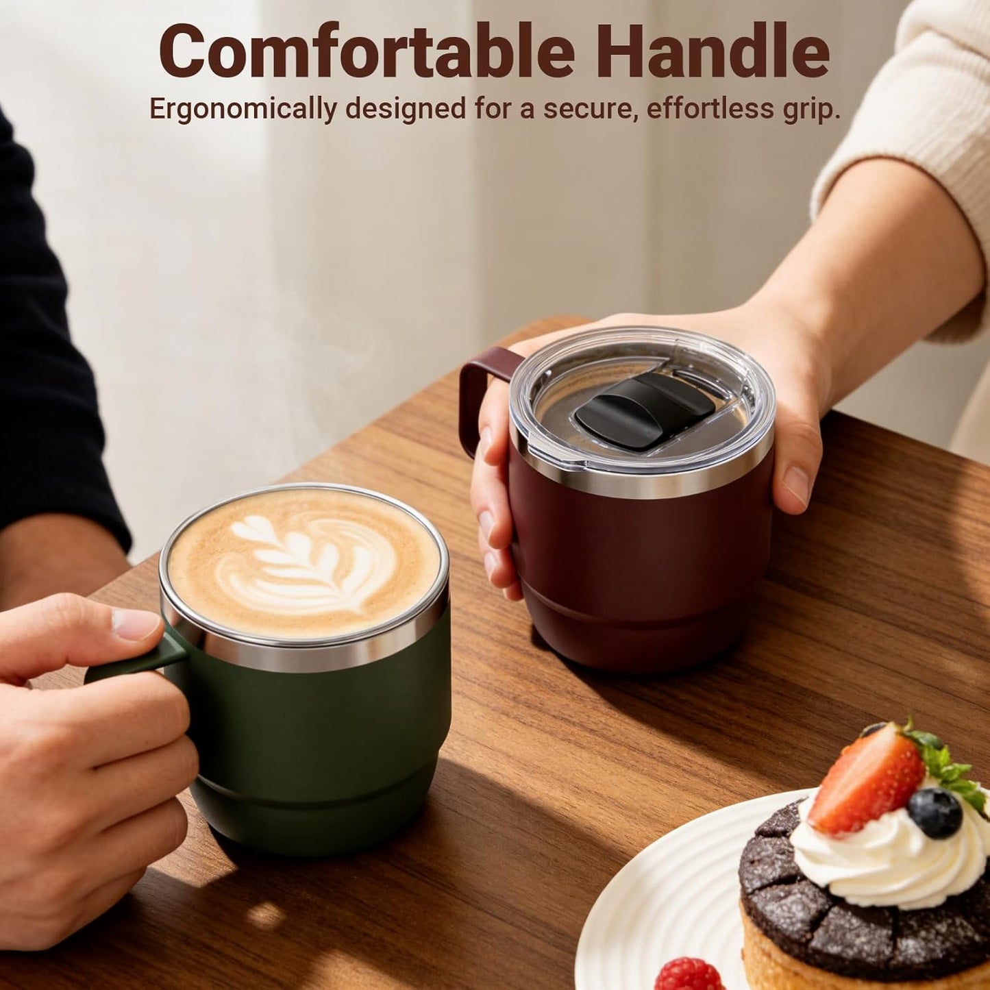 Zenbo 8 oz Small Coffee Mug with Magnetic Sliding Lid & Handle, Ceramic-Lined 18/8 Stainless Steel, Double-Wall Vacuum Insulated Espresso Coffee Cup, Stackable & Dishwasher Safe, White