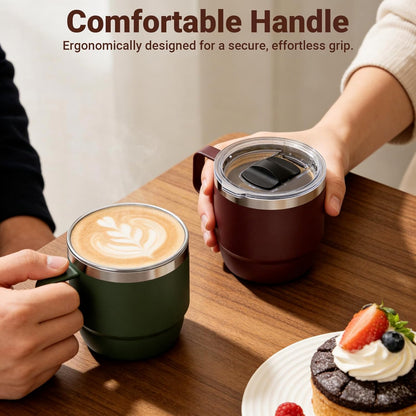 Zenbo 8 oz Small Coffee Mug with Magnetic Sliding Lid & Handle, Ceramic-Lined 18/8 Stainless Steel, Double-Wall Vacuum Insulated Espresso Coffee Cup, Stackable & Dishwasher Safe, White