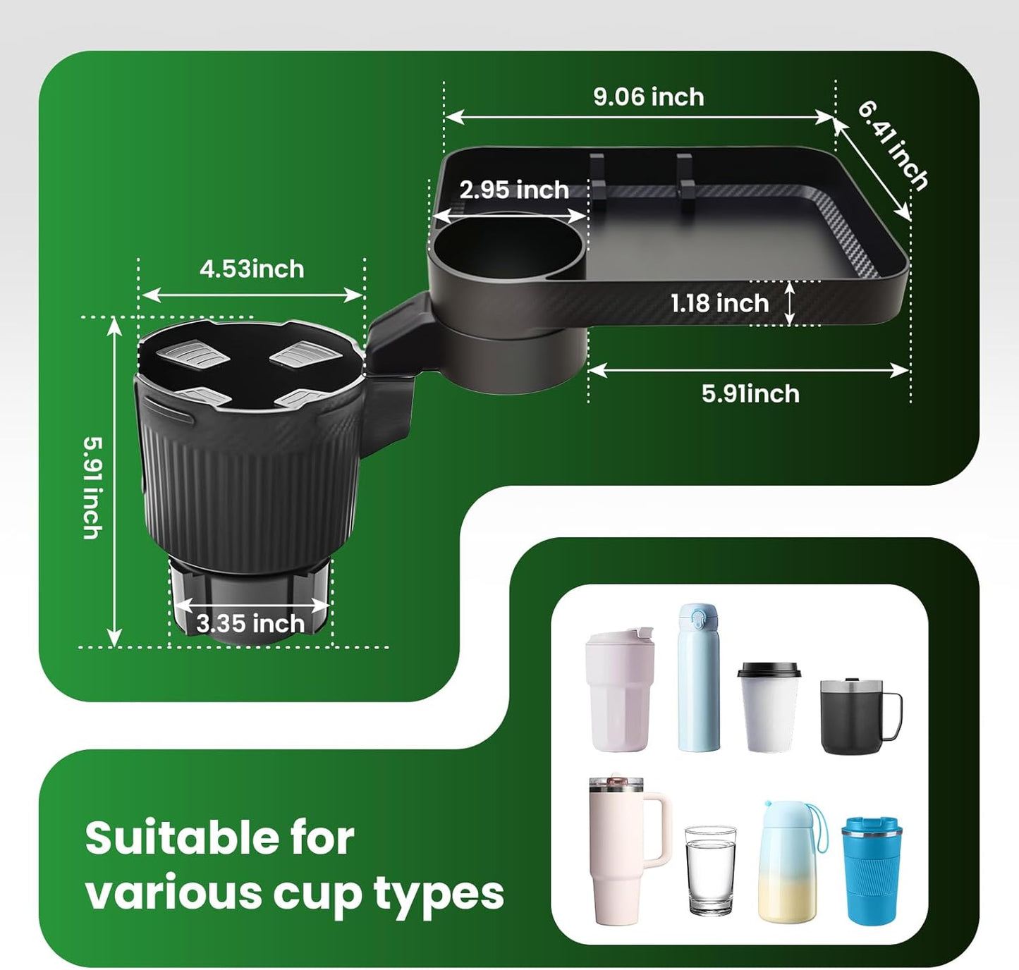 Car Cup Holder Tray, Extra Large Car Cup Holder Expander with 360° Rotation Fit Most Big Cup Detachable 3 in 1 Car Trays for Eating, Phone & Snack Organizer Road Trip Essentials