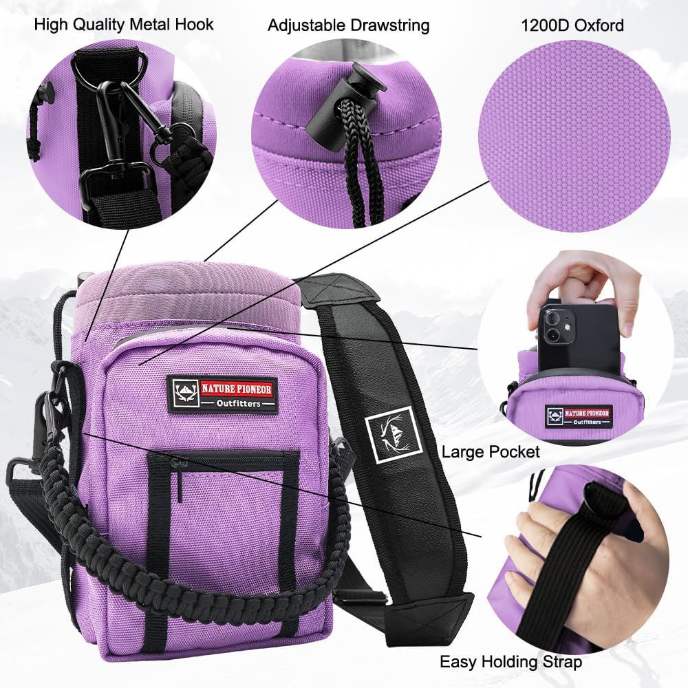 NATURE PIONEOR Water Bottle Holder with Adjustable Strap - 26/32/36/40/46/64oz Insulated Water Bottle Sling Carrier with Paracord Handle & 2 Pockets, Outdoor Sports, Hiking, Camping, Gym