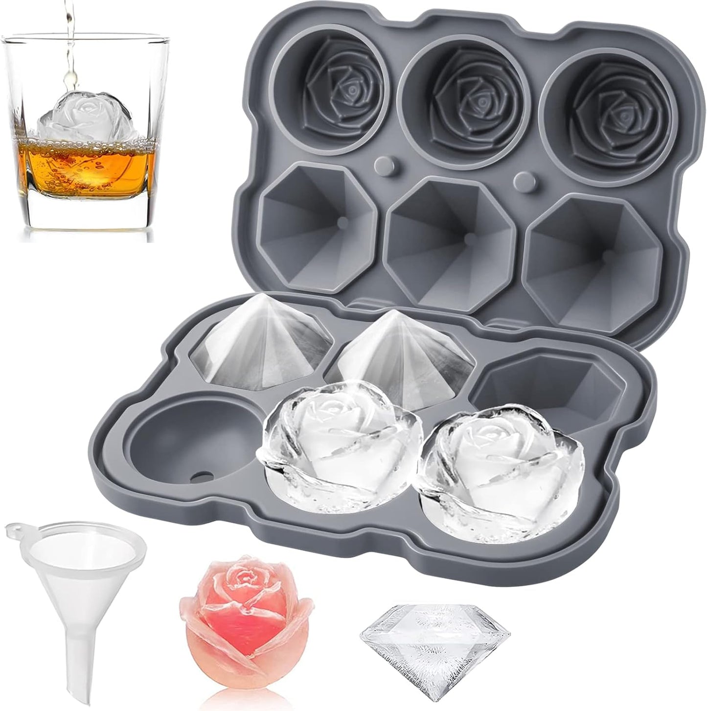Ice Cube Tray, Mikiwon 2 inch Rose Ice Cube Trays With Covers, 3 Cavity Silicone Rose Ice Tray & 3 Diamond Ice Ball Maker, Easy Release Large Ice Cube Form for Chilled Cocktails, Whiskey Juice Black