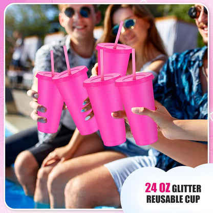 Uiifan 6 Pcs 24 oz Reusable Tumbler with Lids and Straws Plastic Iced Coffee Tumbler Glitter Travel Mug Cup for Smoothie Juices Birthday Party Cold Drink Coffee Cup Bulk for Adult Kid Women (Clear)