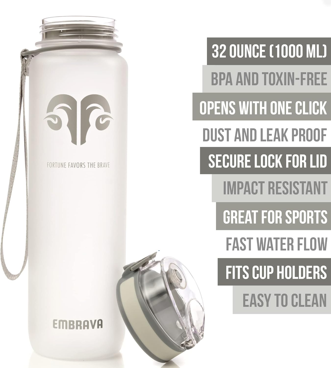 Embrava Sports Water Bottle 32oz - Fast Flow Flip Top Lid - BPA & BPS Free Leakproof Reusable - Lightweight Non-Toxic Tritan Plastic 1 Liter - Gym Hiking Office School Travel