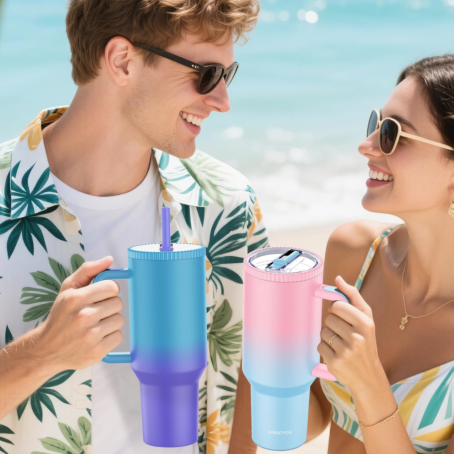 Greatyos 40 oz Tumbler with Handle and Flip Straw Lid - Upgraded Traveler 40oz Tumblers with Lids Straws Vacuum Insulated Leak Proof Stainless Steel Cup Mug Gifts for Men Women Him Her (Ocean Dream)