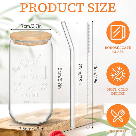 12 Set Christian Gifts Bulk 16oz Glass Cup with Lids Straws Can Shaped Bible Verse Coffee Cup Religious Gifts for Men Women Church Sunday School Bible Study