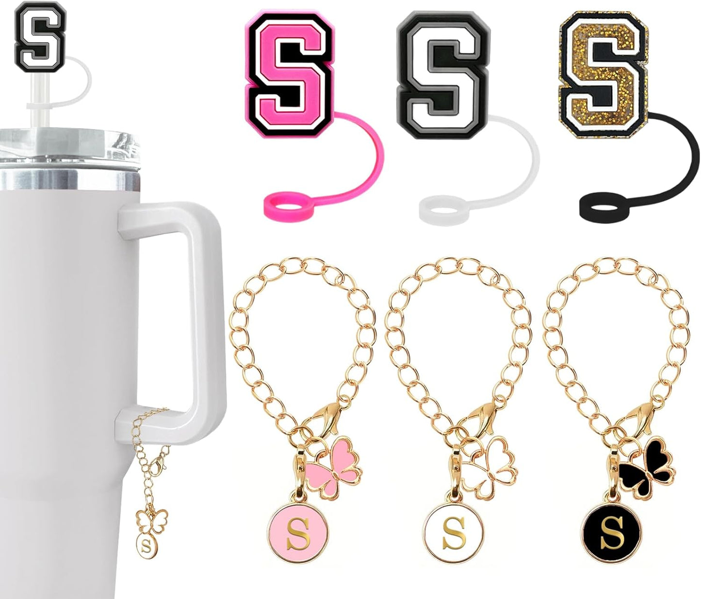 （3 +3) 3PCS Nuozme Straw Cover 10mm For Stanley Tumbler Cup Reusable Straw Cap Topper with 3 Initial Letter Charms Accessories Name ID Personalized Handle Charm For Stanley 30&40 Oz Cup Tumbler - Colors B