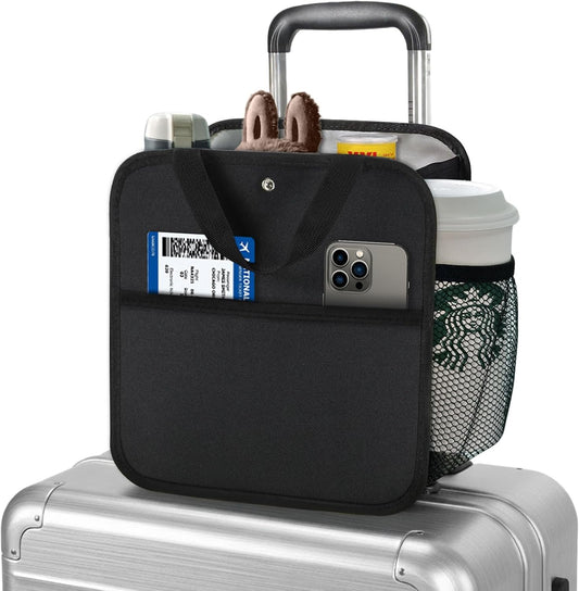 Large Luggage Travel Cup Holder, Oversized Luggage Cup Holder for Suitcase with Big Storage Compartment, Hands-Free Travel Organizer (Black)