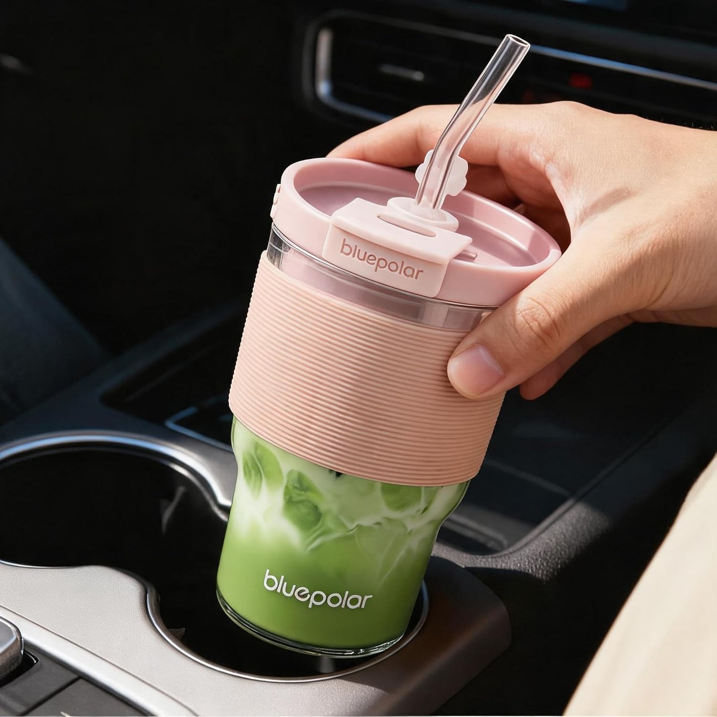 BLUEPOLAR Iced Coffee Glasses with Lids and Straws,Car Cup Holder Friendly, Leakproof Portable Tumblers for Cold Brew, Juice & Smoothie, Ideal for Travel, Office & Gym, BPA-Free (16oz-Pink)