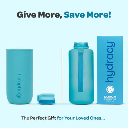 Hydracy Water Bottle with Time Marker -Large BPA Free Water Bottle & No Sweat Sleeve -Leak Proof Gym Bottle with Times to Drink - Ideal for Fitness Sports & Outdoors