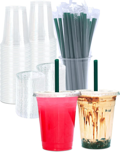 Cappatua 20 oz Clear Plastic Cups with Lids and STRAWS, Disposable Drinking Cups for Cold Drinks, Iced Coffee, Milkshakes, Smoothies, 25 Sets